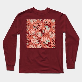 Coral Monstera Leaves Long Sleeve T-Shirt